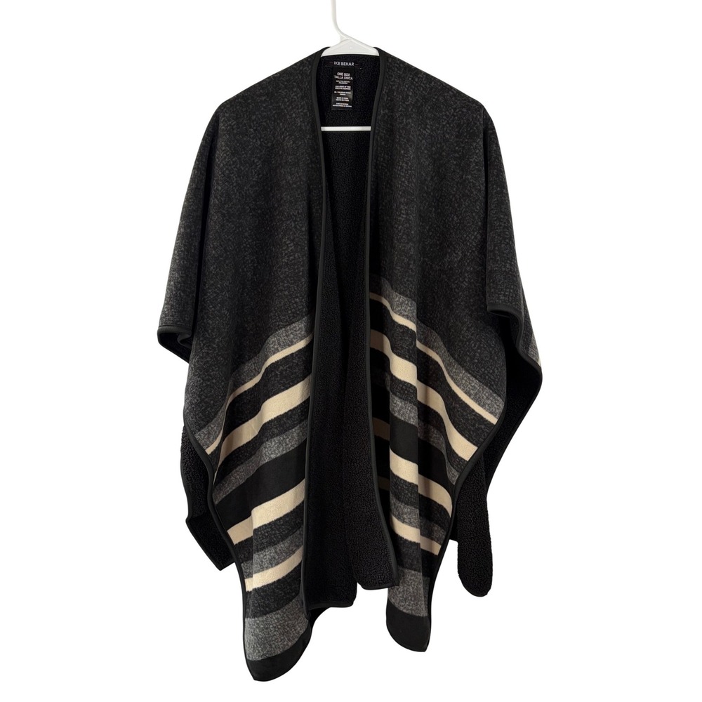 Ike Behar Reversible Wrap with‎ Sherpa Striped Poncho Charcoal Black One Size